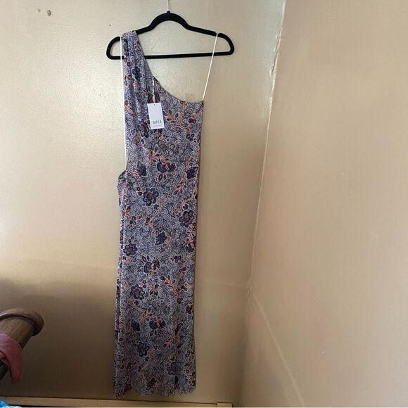 New MISA Los Angeles Aries Dress feathered floral one shoulder draped maxi L - Picture 7 of 15